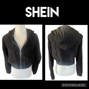 SHEIN Black Cropped Corduroy Hooded Long Sleeve Full Zip Jacket Size Small-NWOT